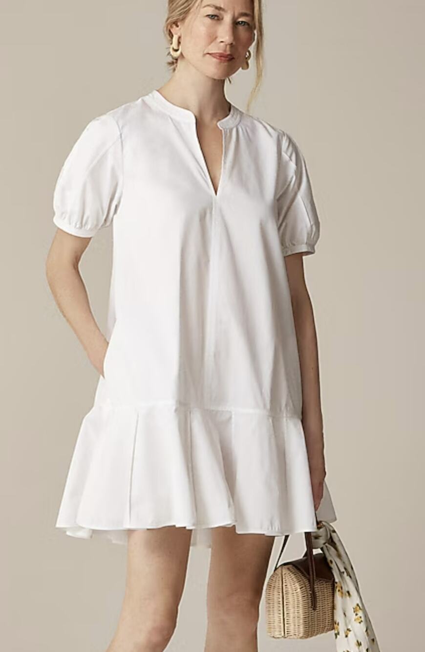 J.Crew Delilah Dress Womens XS White Cotton Poplin Split V-Neck Ruffle Hem CJ492
